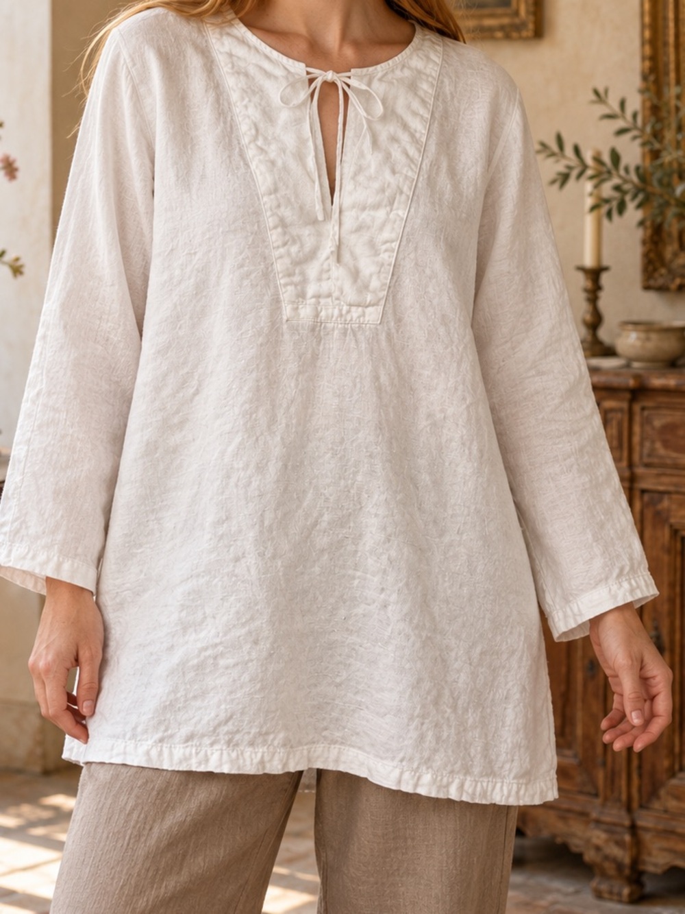 Hot Cotton 100% Linen White Tie-Neck Tunic Top XL Made in USA